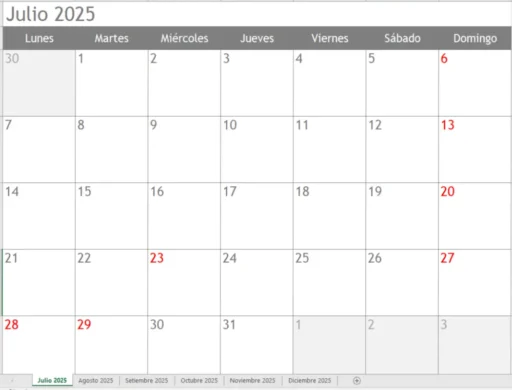 Calendario Julio a Diciembre 2025